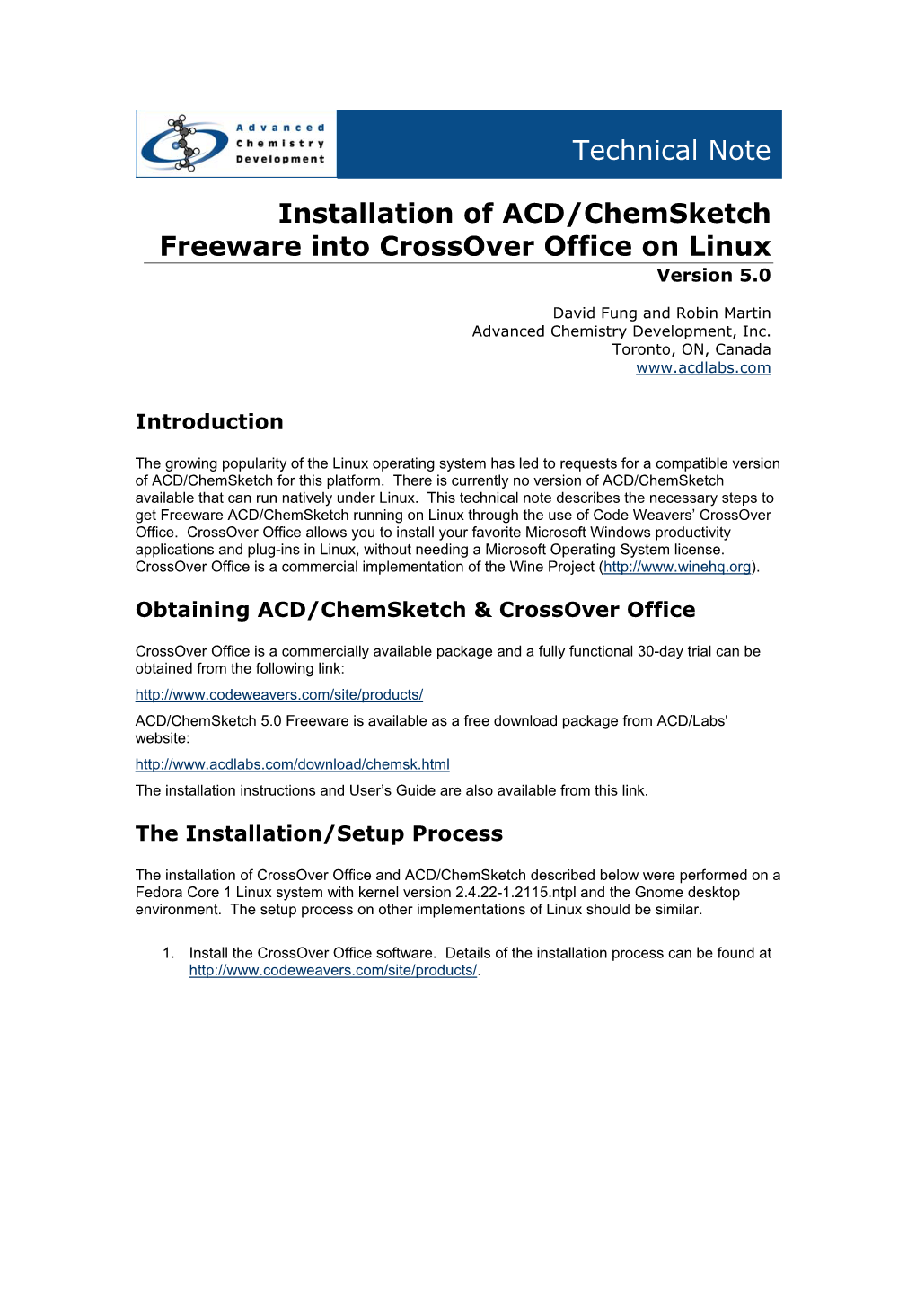 Technical Note Installation of ACD/Chemsketch Freeware Into