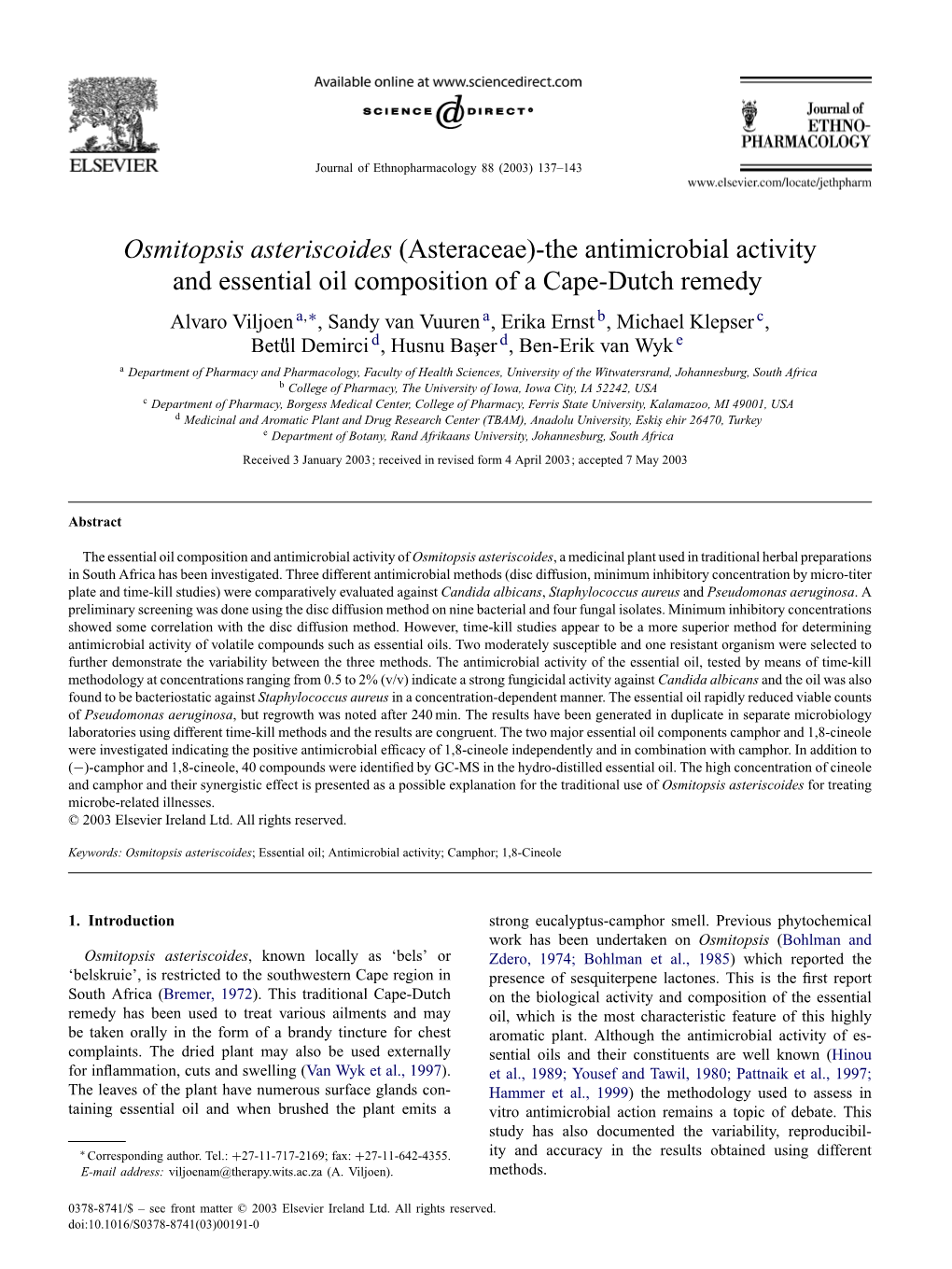 Osmitopsis Asteriscoides (Asteraceae)-The Antimicrobial