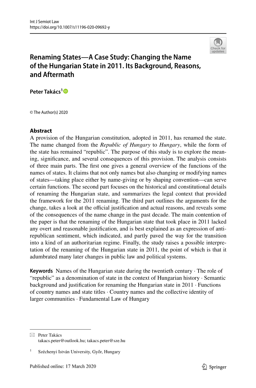 Changing the Name of the Hungarian State in 2011. Its Background, Reasons, and Aftermath