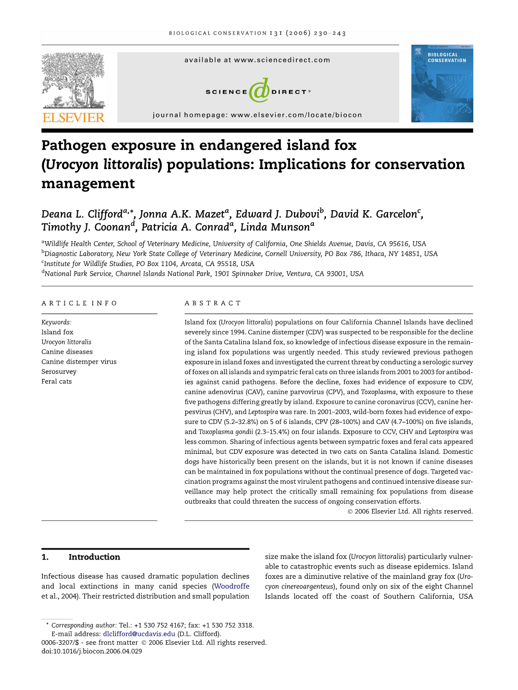 Pathogen Exposure in Endangered Island Fox (Urocyon Littoralis) Populations: Implications for Conservation Management