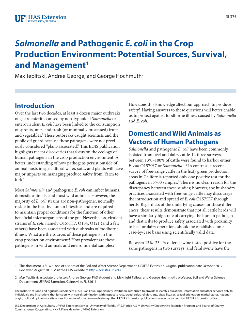 Salmonella and Pathogenic E. Coli in the Crop Production Environment.Pdf