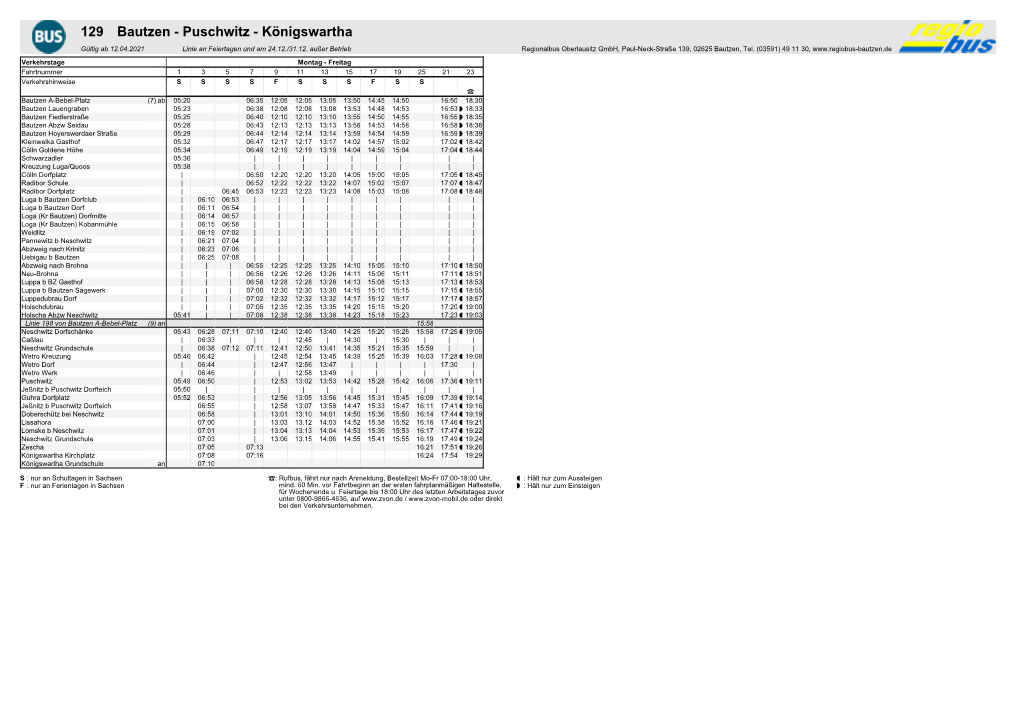 129 Bautzen - Puschwitz - Königswartha Gültig Ab 12.04.2021 Linie an Feiertagen Und Am 24.12./31.12