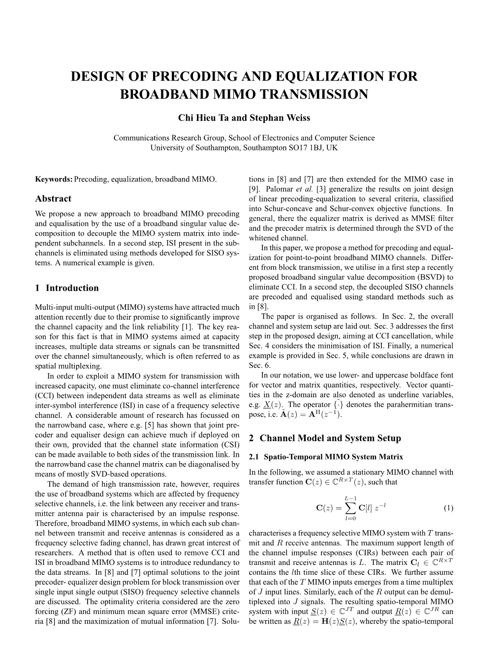 Design of Precoding and Equalization for Broadband Mimo Transmission