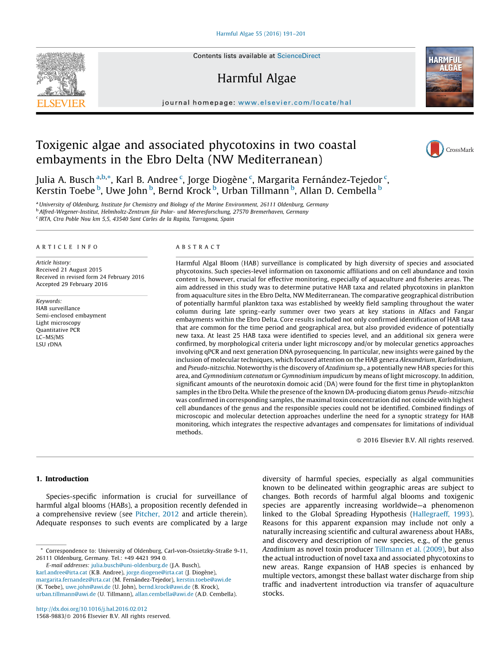 Toxigenic Algae and Associated Phycotoxins in Two Coastal