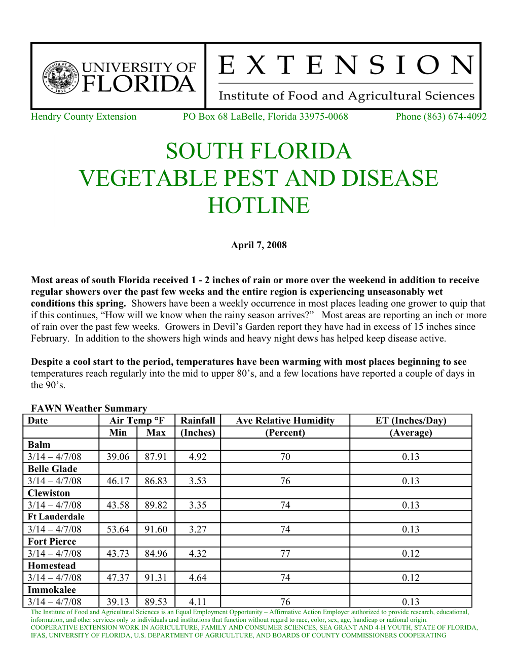 Hendry County Extension PO Box 68 Labelle, Florida 33975-0068 Phone (863) 674-4092 s2