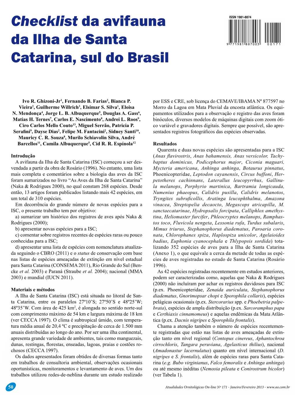 Checklist Da Avifauna Da Ilha De Santa Catarina, Sul Do Brasil