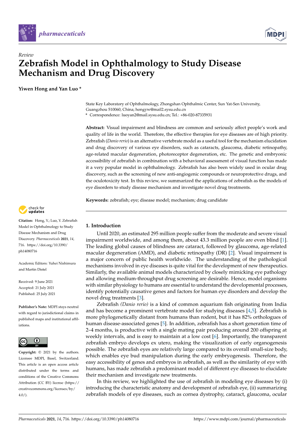 Zebrafish Model in Ophthalmology to Study Disease Mechanism And