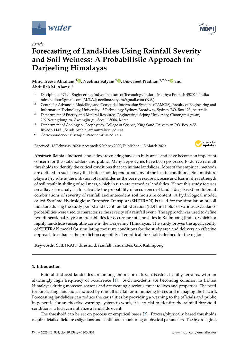 Forecasting of Landslides Using Rainfall Severity and Soil Wetness: a Probabilistic Approach for Darjeeling Himalayas