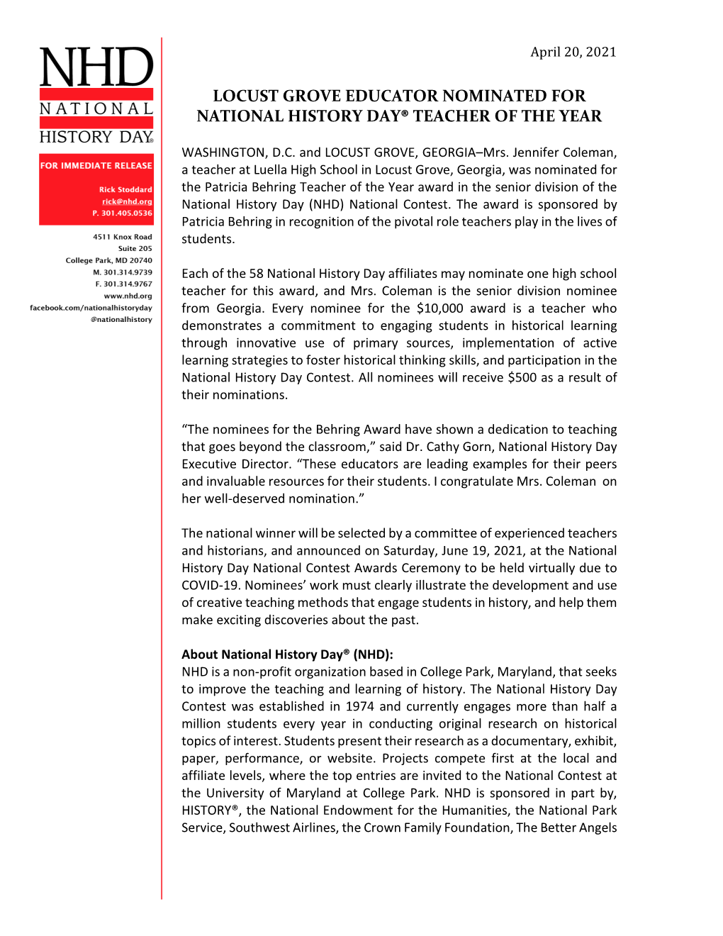 Locust Grove Educator Nominated for National History Day® Teacher of the Year