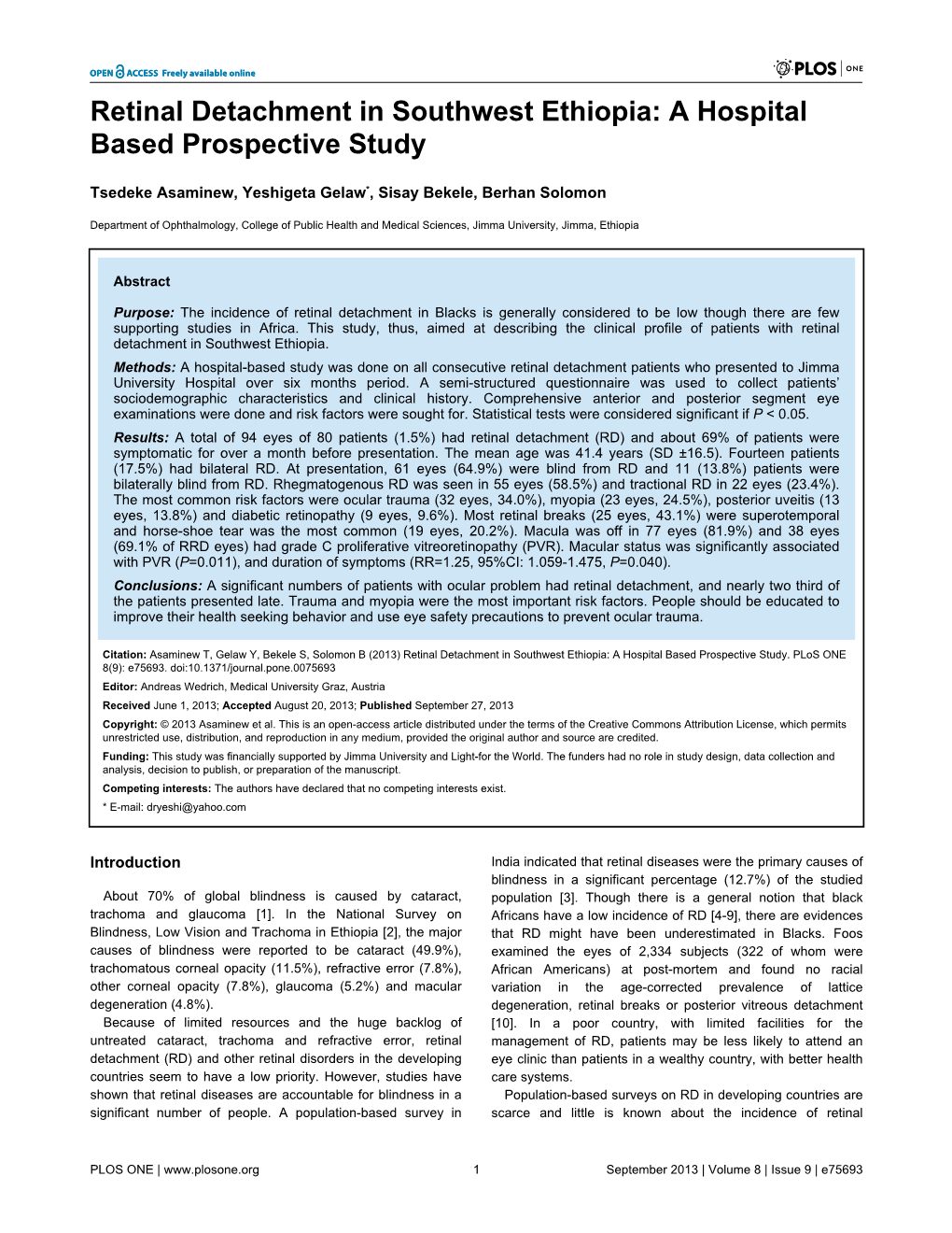 Retinal Detachment in Southwest Ethiopia: a Hospital Based Prospective Study