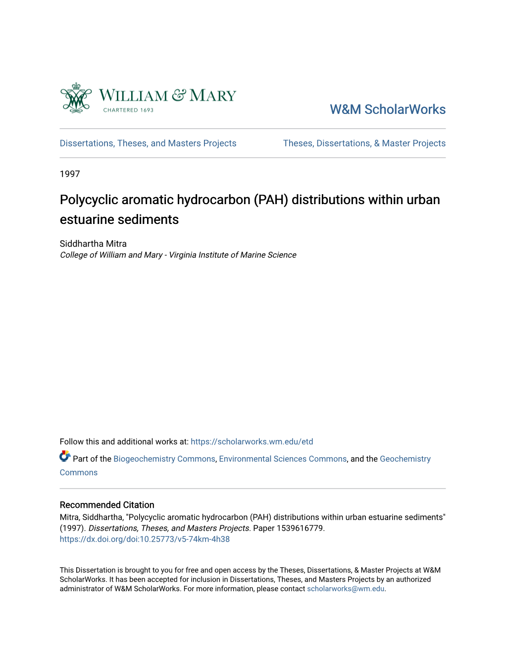 Polycyclic Aromatic Hydrocarbon (PAH) Distributions Within Urban Estuarine Sediments