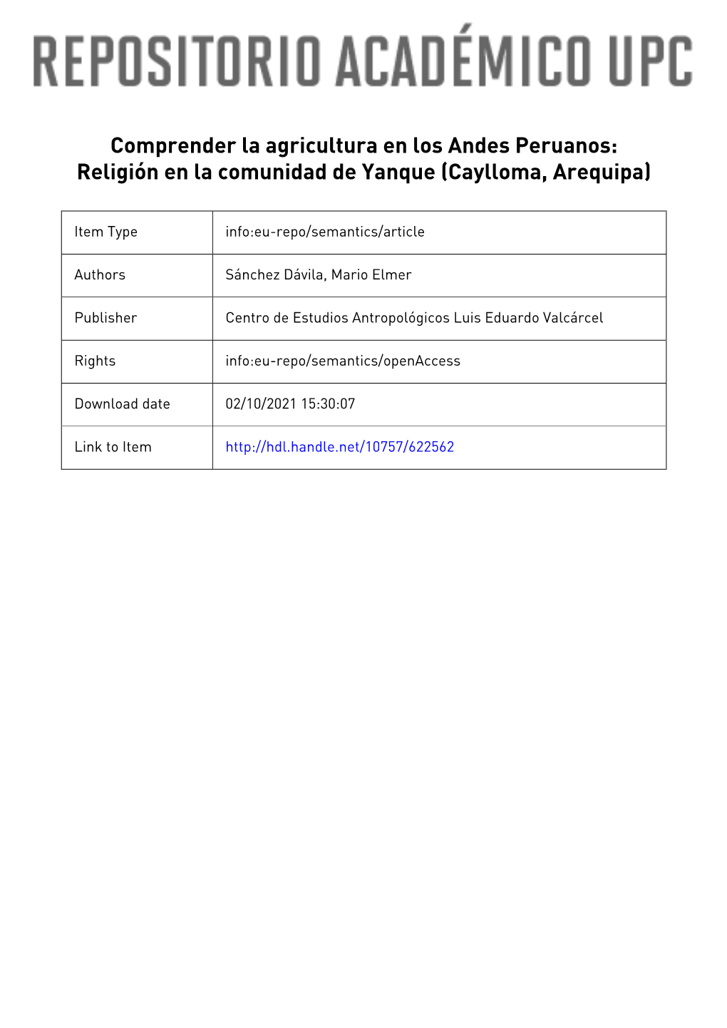 Comprender La Agricultura En Los Andes Peruanos: Religión En La Comunidad De Yanque (Caylloma, Arequipa)