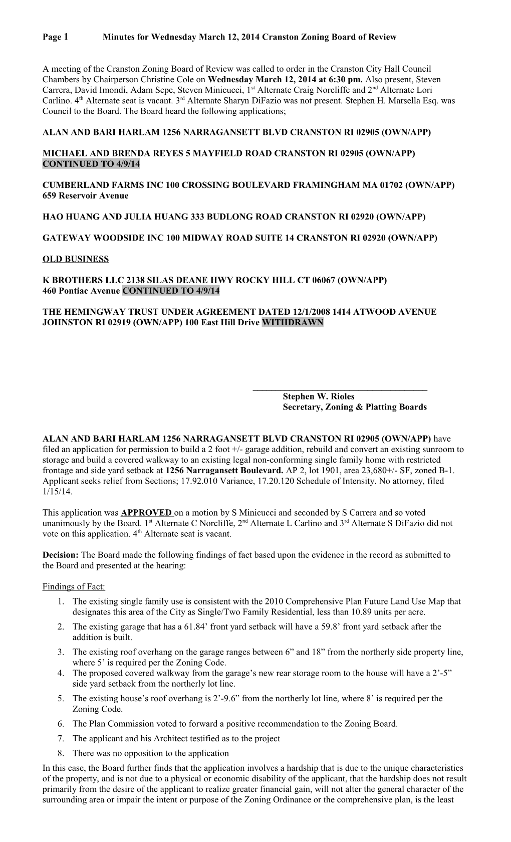 Page 3 Minutes for Wednesday March 12, 2014 Cranston Zoning Board of Review