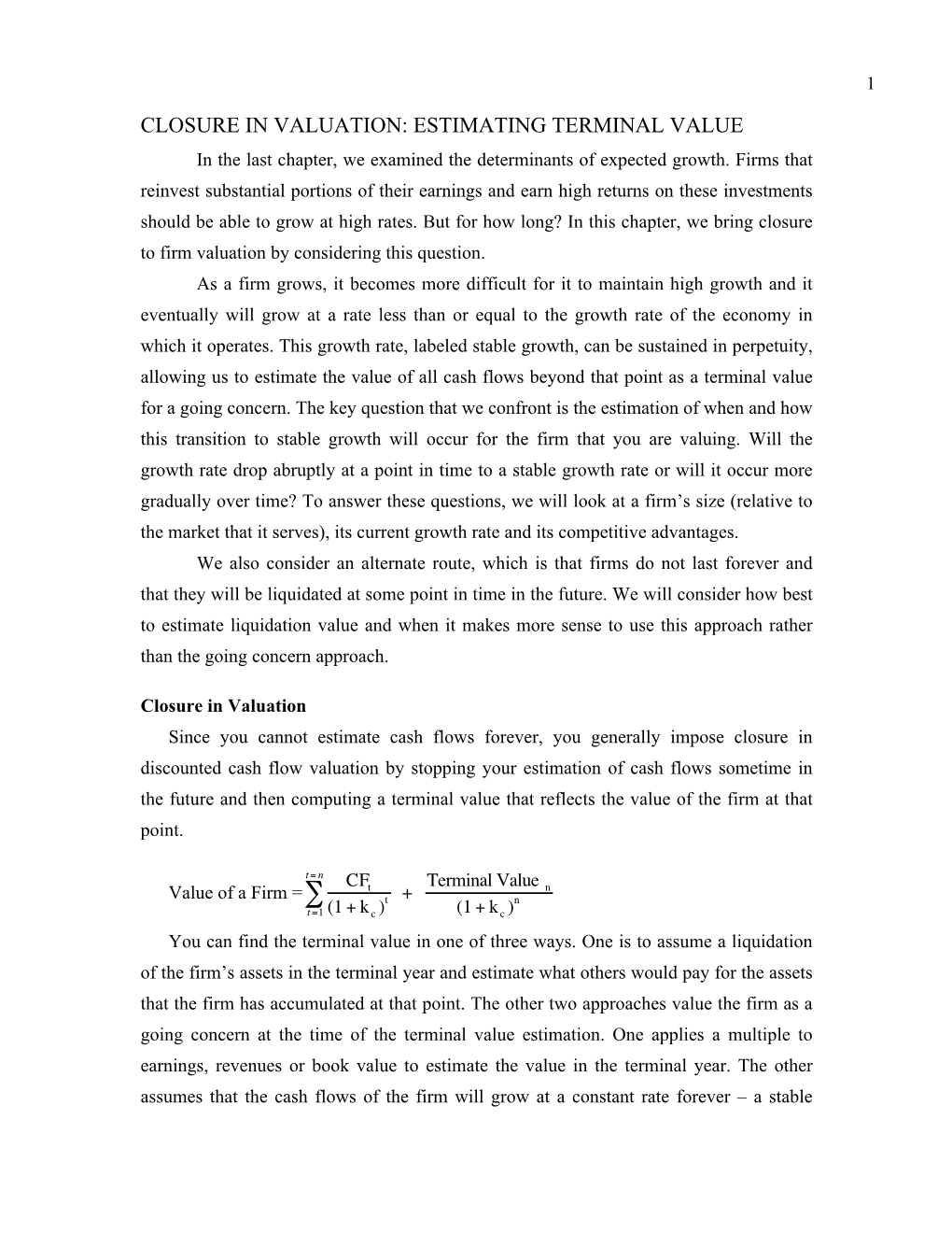 TERMINAL VALUE in the Last Chapter, We Examined the Determinants of Expected Growth