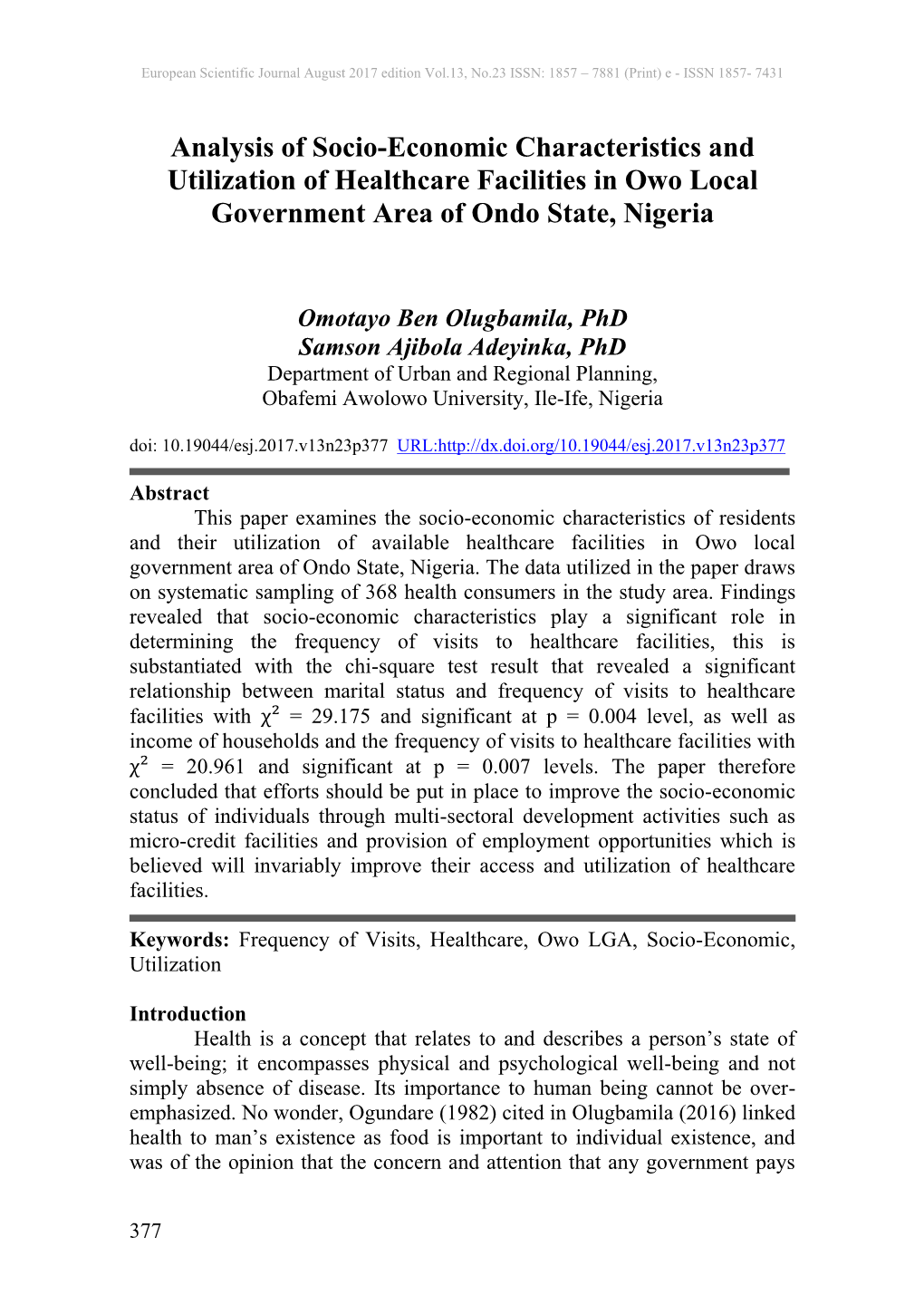 Analysis of Socio-Economic Characteristics and Utilization of Healthcare Facilities in Owo Local Government Area of Ondo State, Nigeria