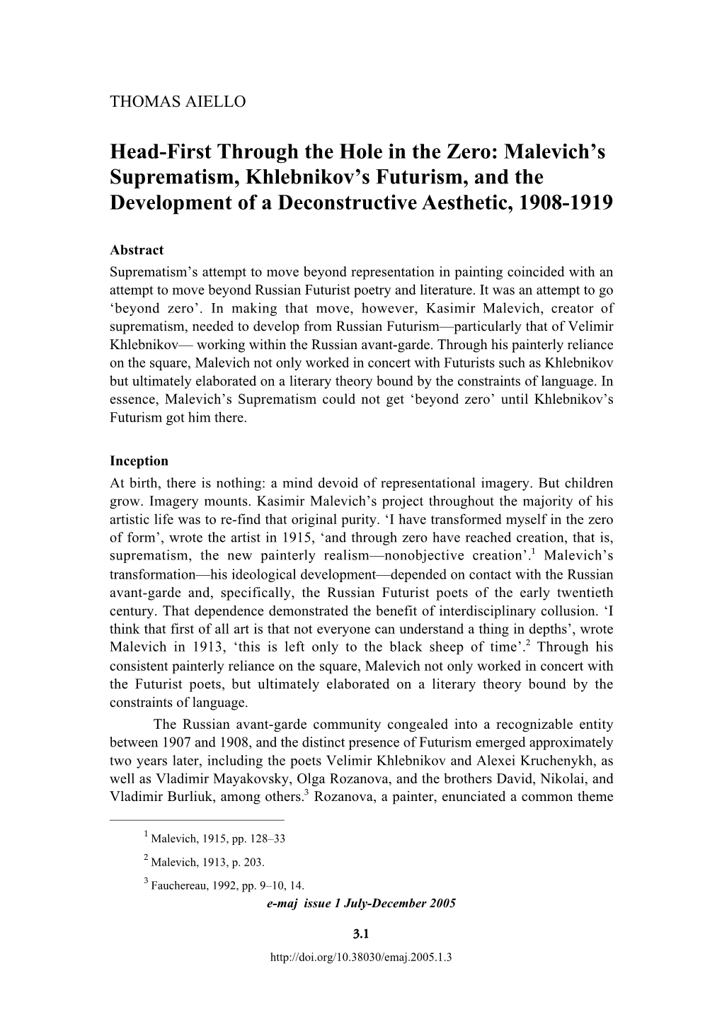 Head-First Through the Hole in the Zero: Malevich's Suprematism