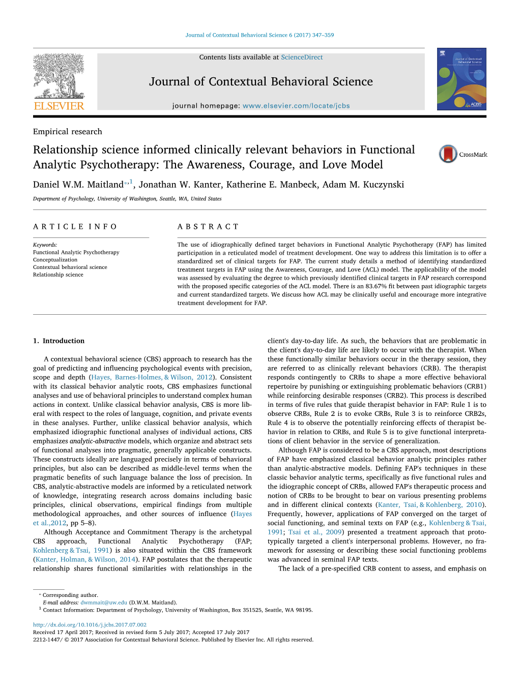 Relationship Science Informed Clinically Relevant Behaviors in Functional MARK Analytic Psychotherapy: the Awareness, Courage, and Love Model