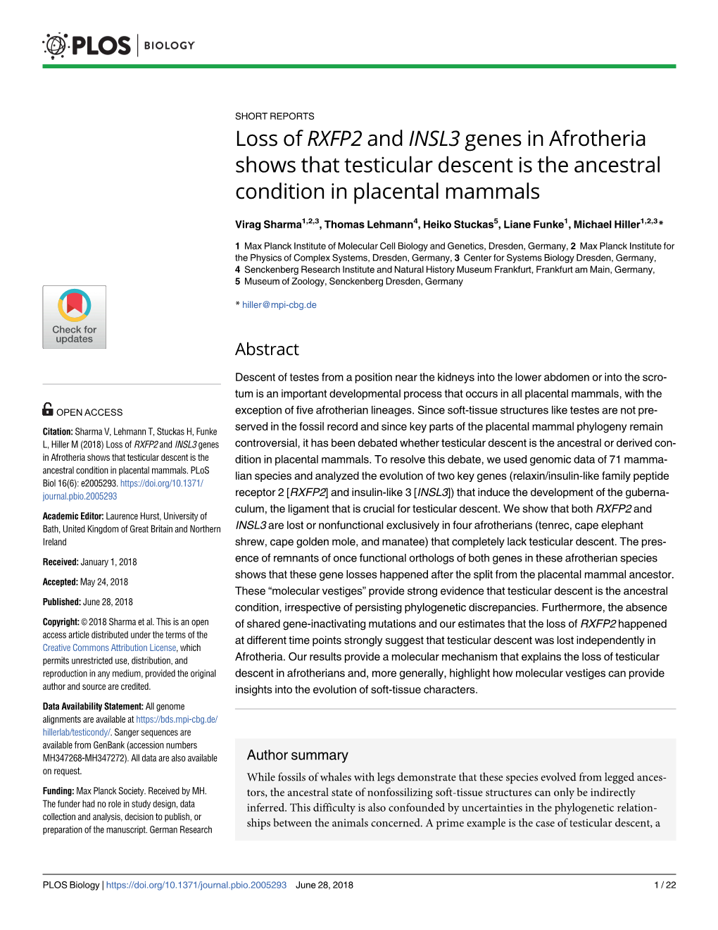 Loss of RXFP2 and INSL3 Genes in Afrotheria Shows That Testicular Descent Is the Ancestral Condition in Placental Mammals