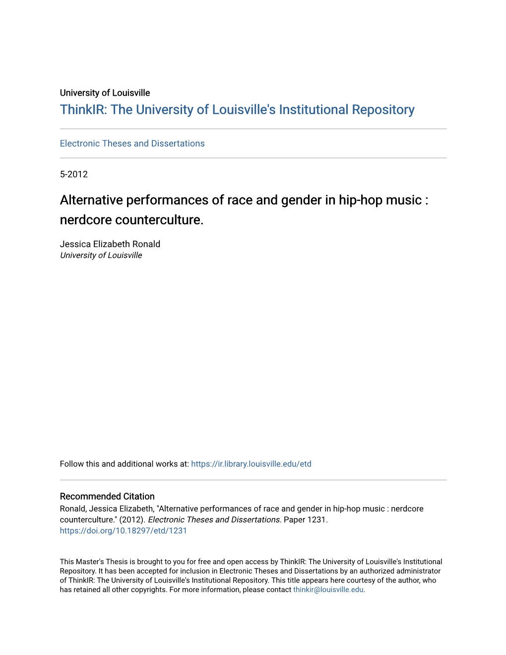 Alternative Performances of Race and Gender in Hip-Hop Music : Nerdcore Counterculture