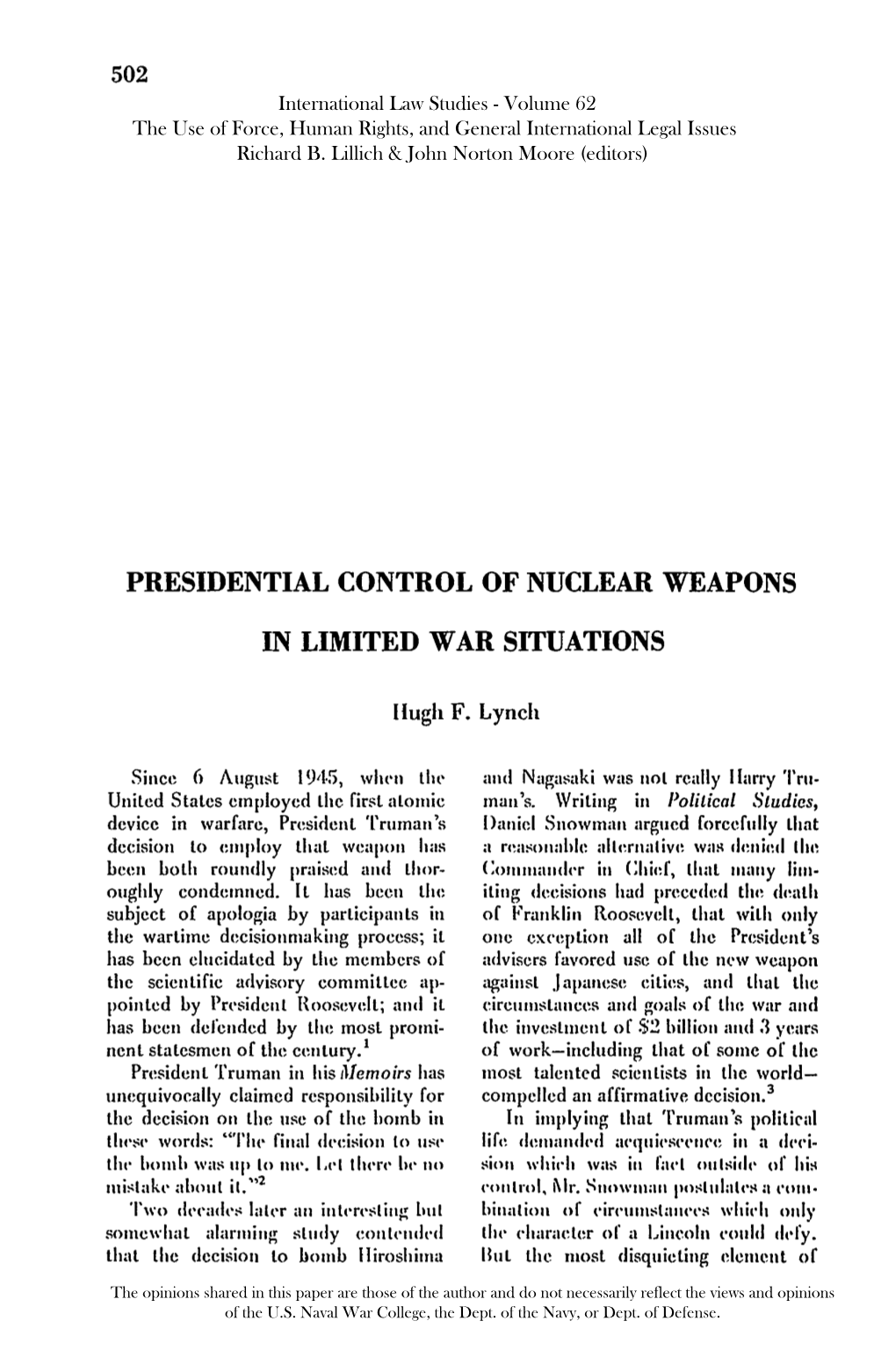 Presidential Control of Nuclear Weapons in Limited War Situations