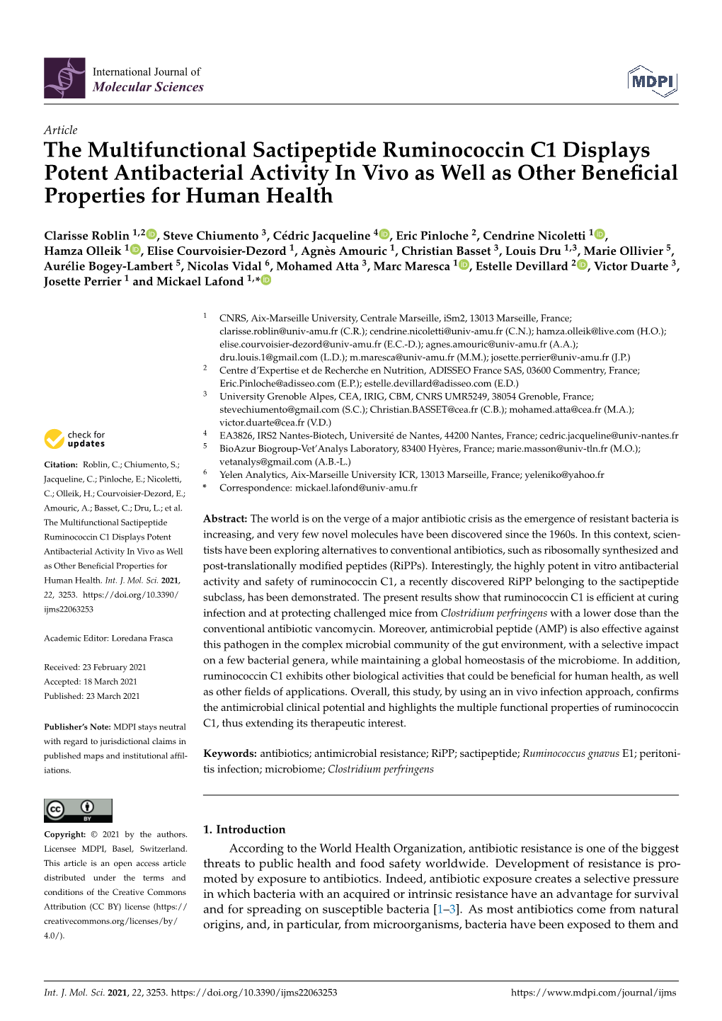 The Multifunctional Sactipeptide Ruminococcin C1 Displays Potent Antibacterial Activity in Vivo As Well As Other Beneﬁcial Properties for Human Health