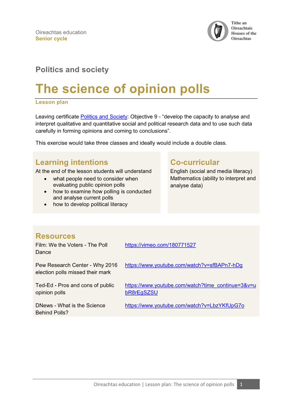 The Science of Opinion Polls, Lesson Plan