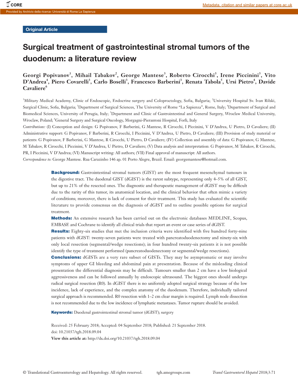 Surgical Treatment of Gastrointestinal Stromal Tumors of the Duodenum: a Literature Review