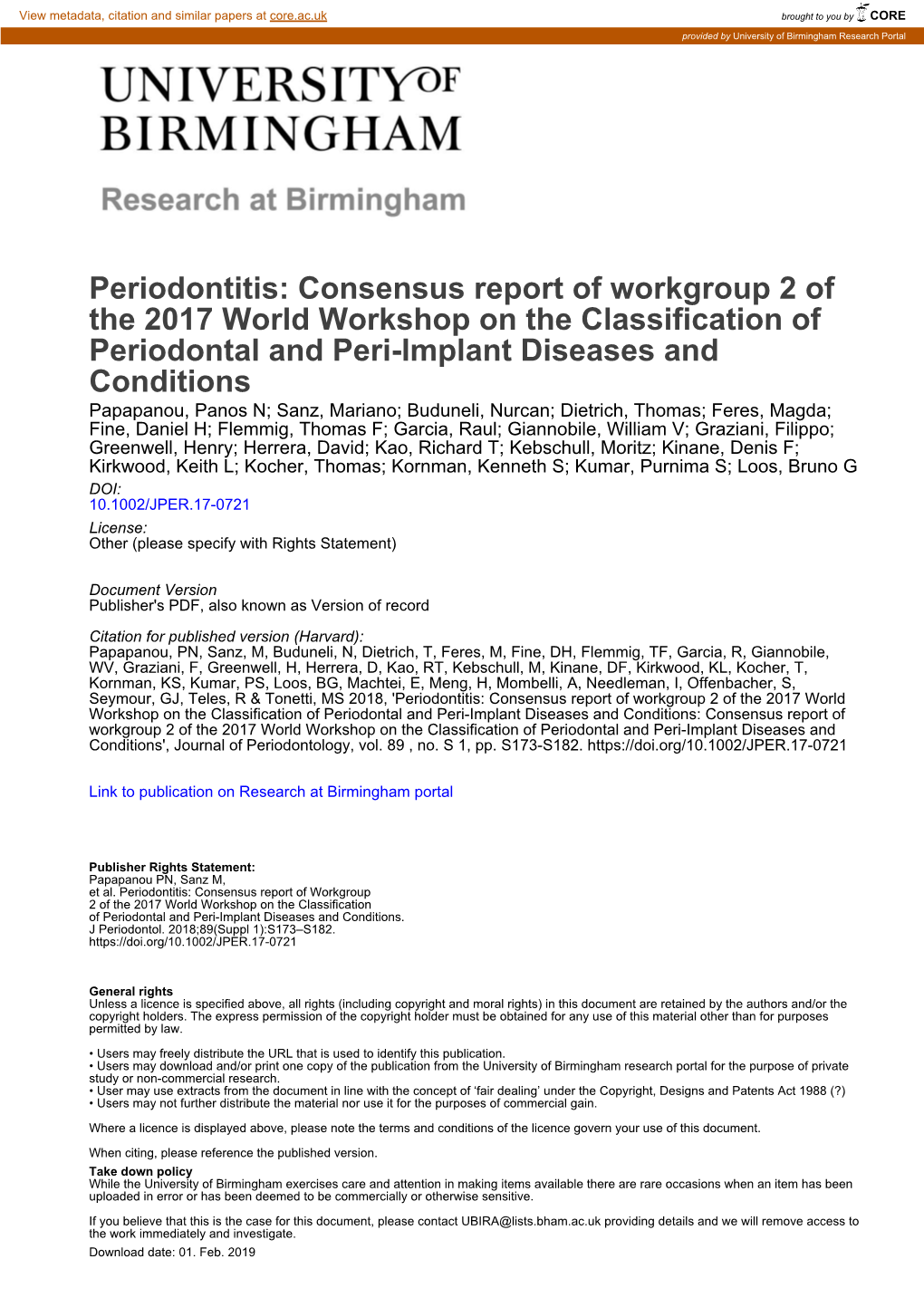 Periodontitis: Consensus Report of Workgroup 2 of the 2017 World