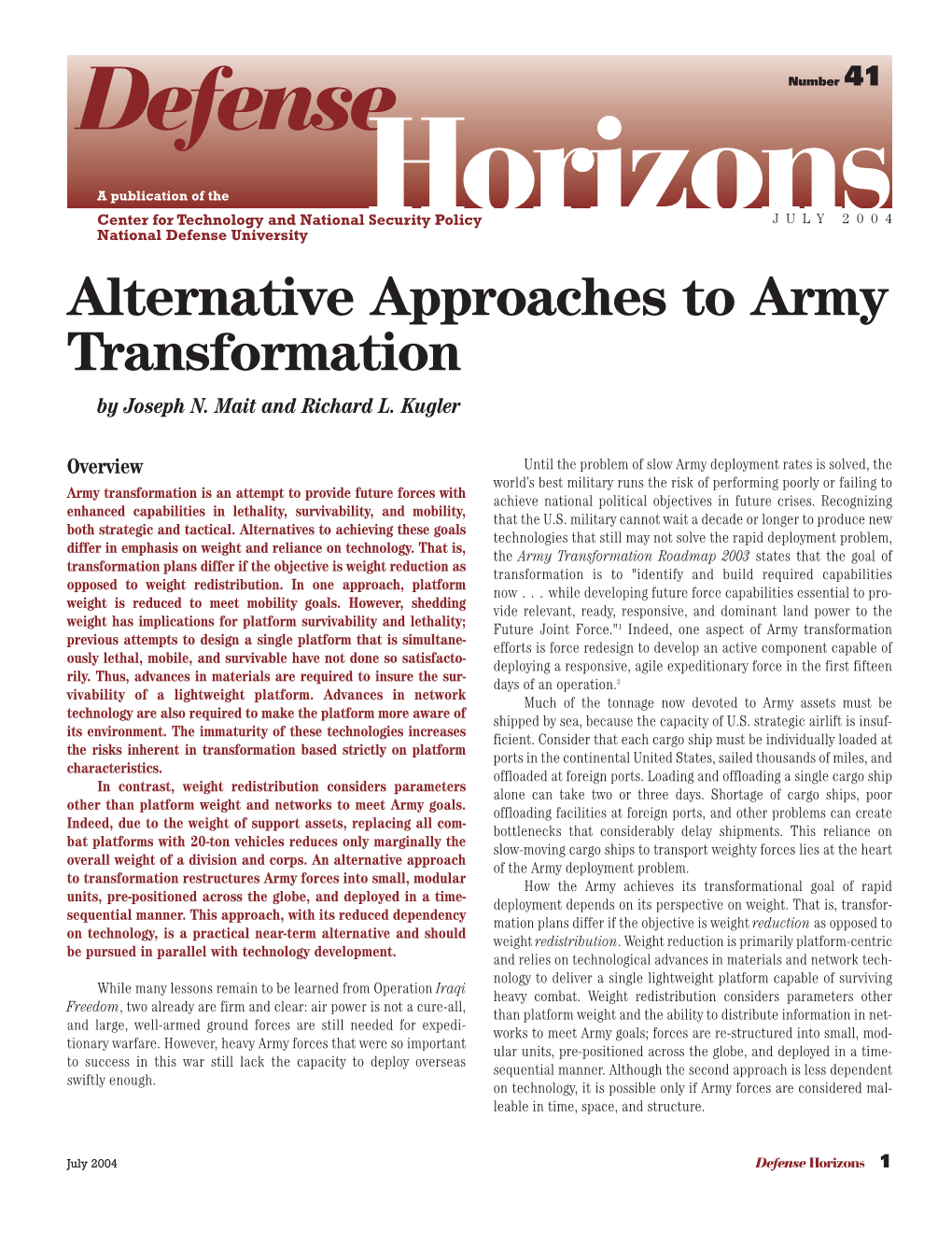 Alternative Approaches to Army Transformation by Joseph N