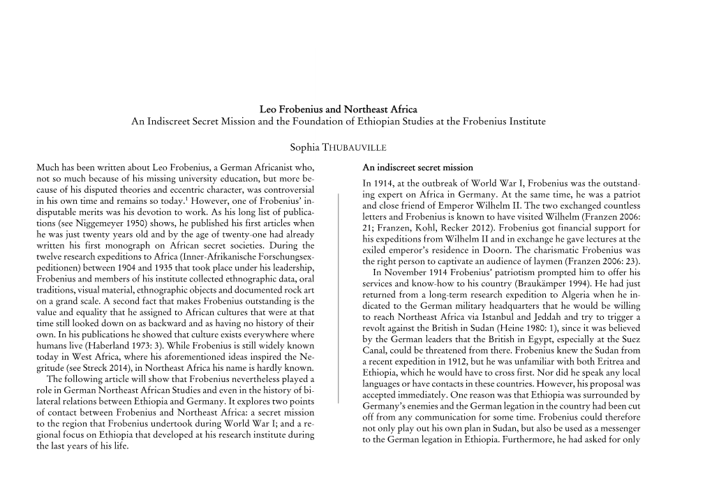 Leo Frobenius and Northeast Africa an Indiscreet Secret Mission and the Foundation of Ethiopian Studies at the Frobenius Institute