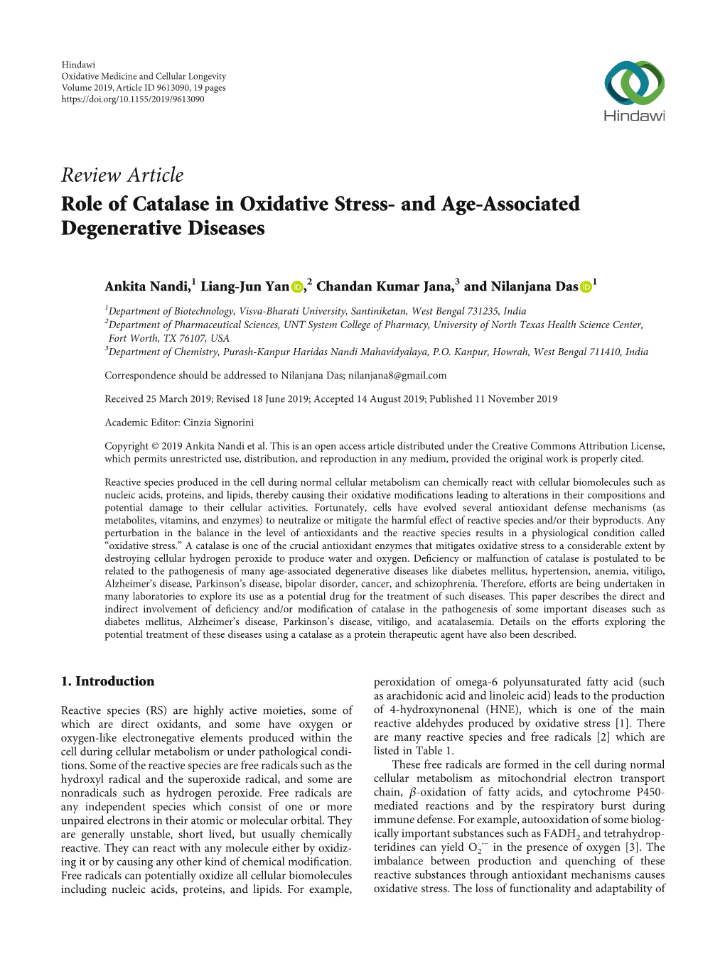 Role of Catalase in Oxidative Stress-And Age-Associated