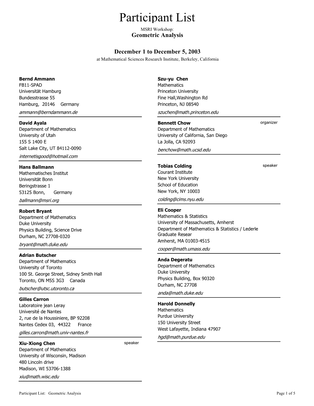 Participant List MSRI Workshop: Geometric Analysis