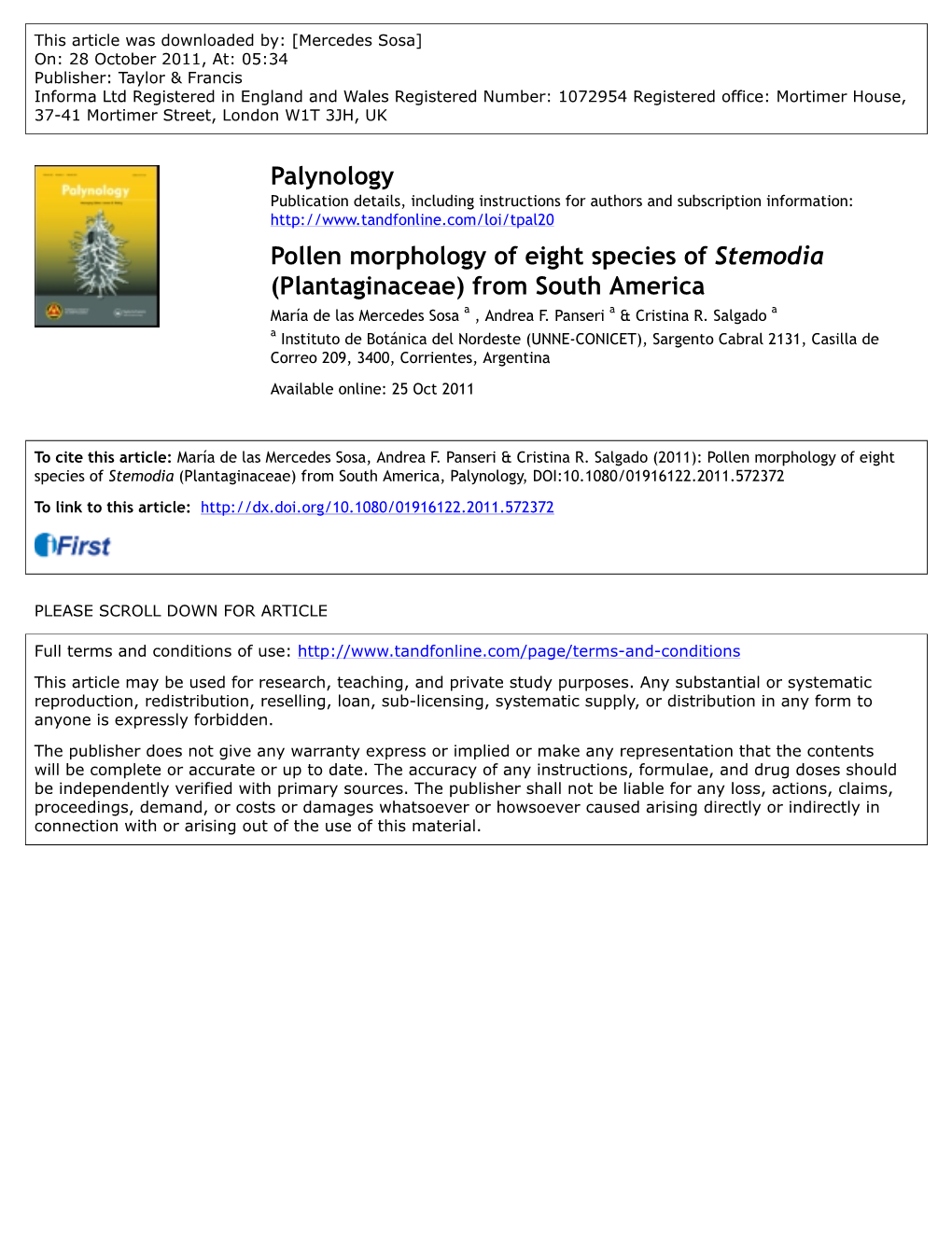 Pollen Morphology of Eight Species of Stemodia (Plantaginaceae) from South America María De Las Mercedes Sosa a , Andrea F