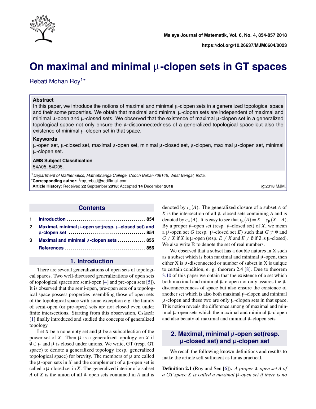 On Maximal and Minimal Μ-Clopen Sets in GT Spaces Rebati Mohan Roy1*