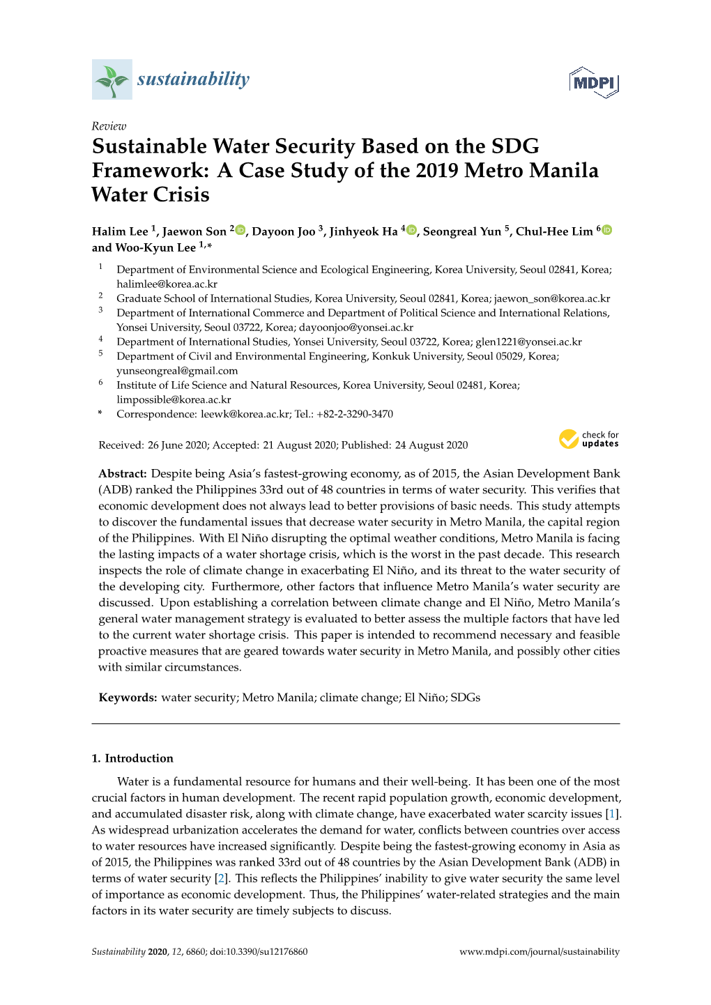 Sustainable Water Security Based on the SDG Framework: a Case Study of the 2019 Metro Manila Water Crisis