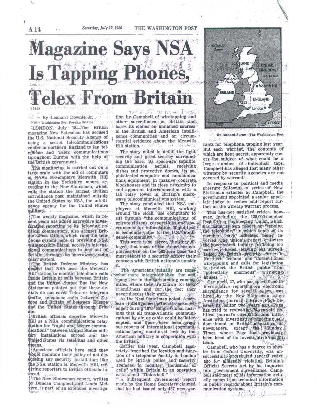 Magazine Says NSA Is Tappiiiig Phones Telex from Britaiii