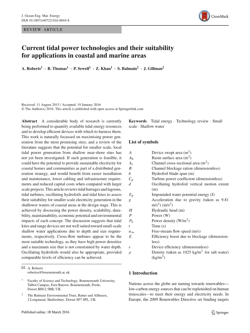 Current Tidal Power Technologies and Their Suitability for Applications in Coastal and Marine Areas