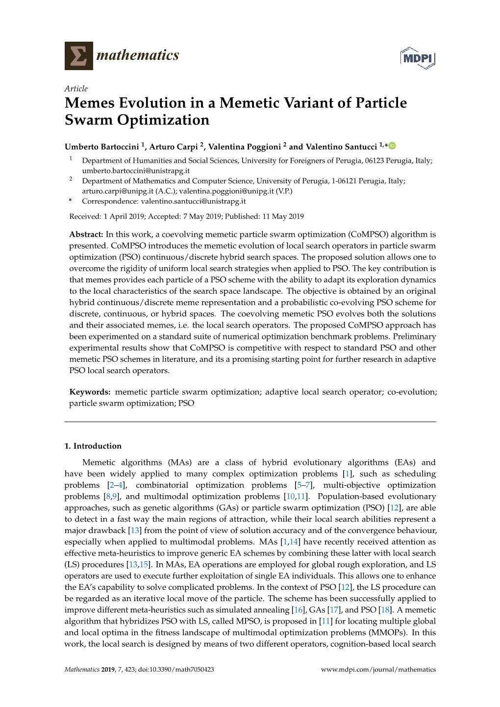 Memes Evolution in a Memetic Variant of Particle Swarm Optimization