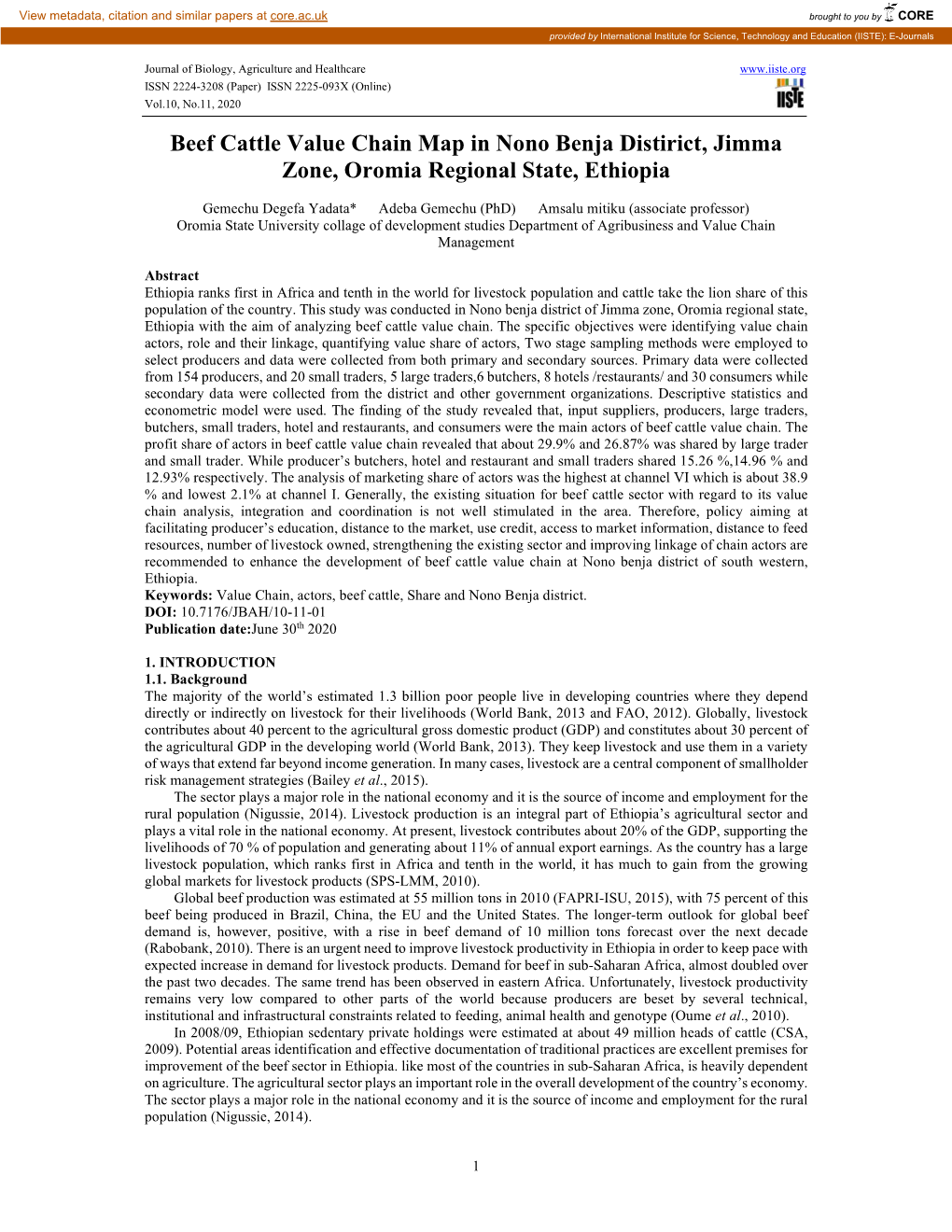 Beef Cattle Value Chain Map in Nono Benja Distirict, Jimma Zone, Oromia Regional State, Ethiopia