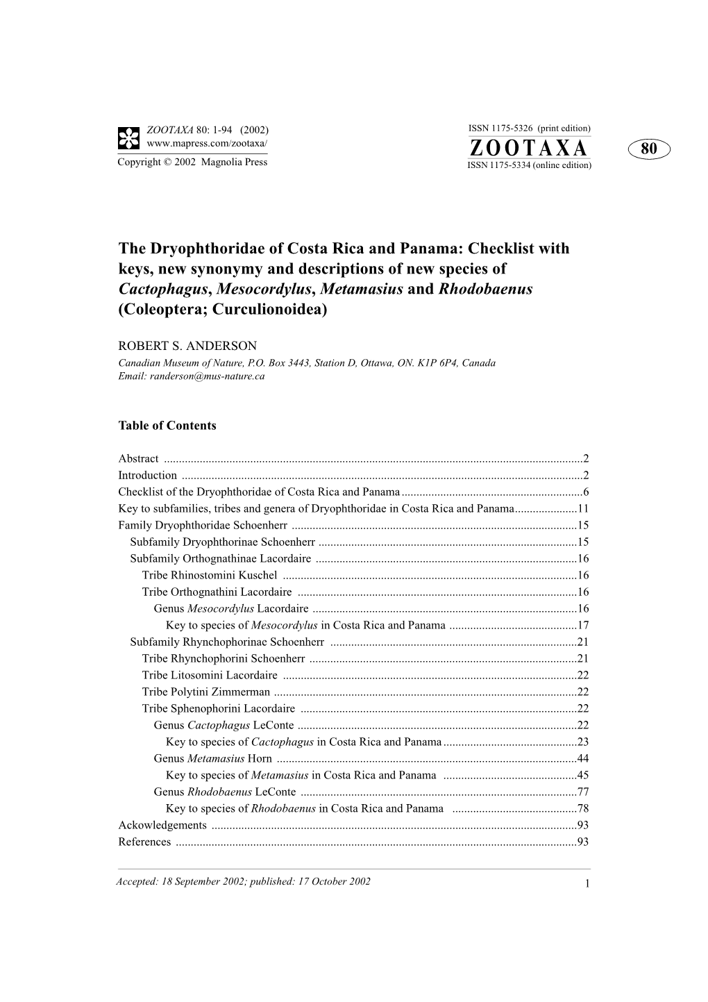 ZOOTAXA 80: 1-94 (2002) ISSN 1175-5326 (Print Edition) ZOOTAXA 80 Copyright © 2002 Magnolia Press ISSN 1175-5334 (Online Edition)