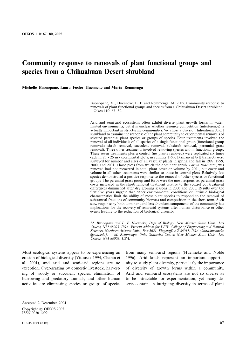 Community Response to Removals of Plant Functional Groups and Species from a Chihuahuan Desert Shrubland