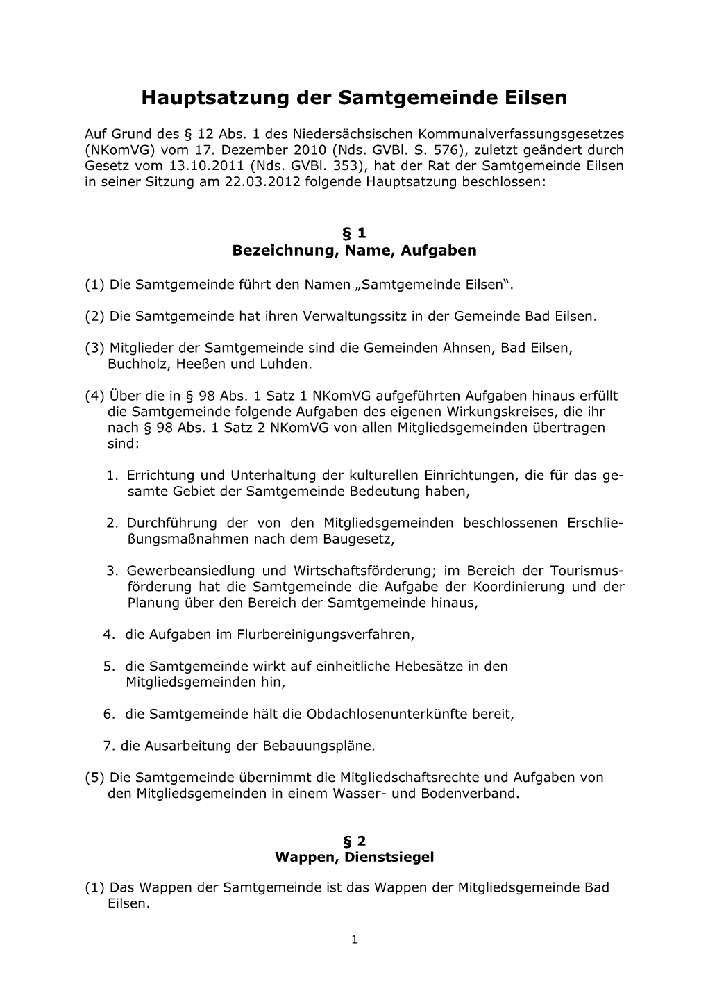 Hauptsatzung Der Samtgemeinde Eilsen