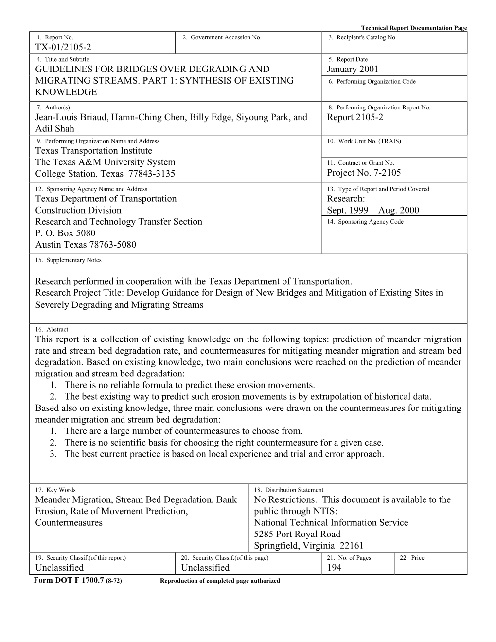 Guidelines for Bridges Over Degrading and Migrating Streams, Part 1: Synthesis of Existing Knowledge