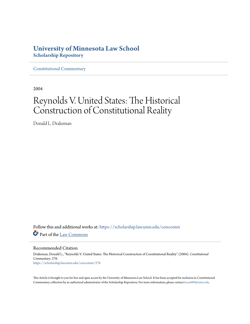 Reynolds V. United States: the Ih Storical Construction of Constitutional Reality Donald L