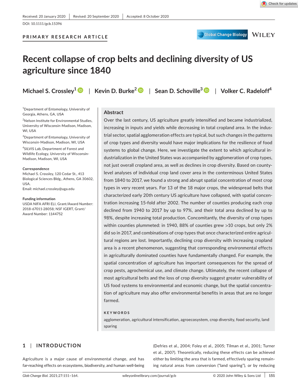 Recent Collapse of Crop Belts and Declining Diversity of US Agriculture Since 1840