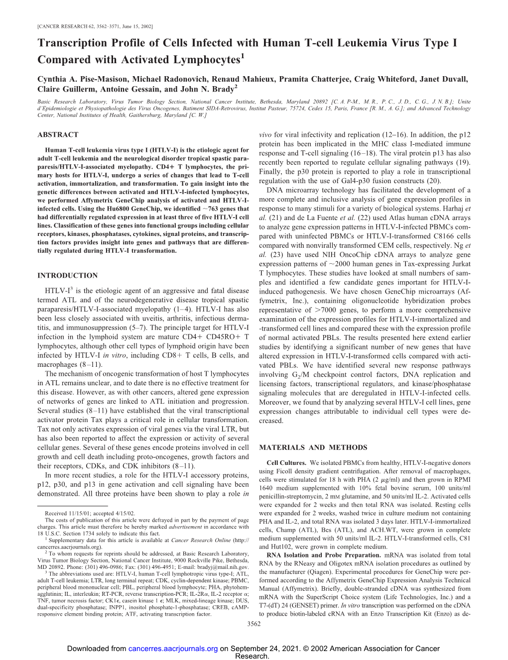 Transcription Profile of Cells Infected with Human T-Cell Leukemia Virus Type I Compared with Activated Lymphocytes1