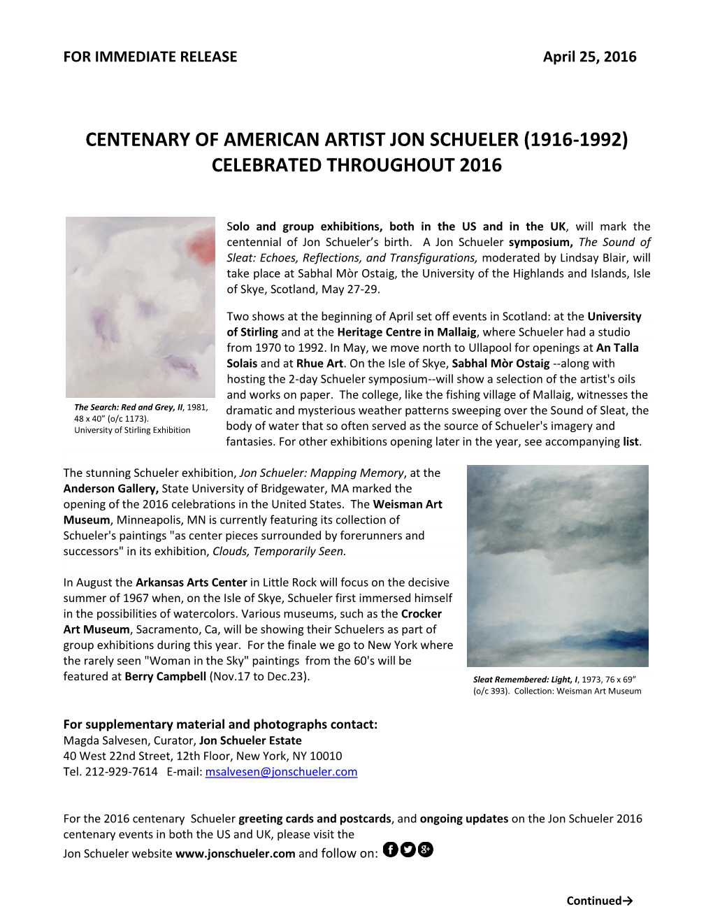 Centenary of American Artist Jon Schueler (1916-1992) Celebrated Throughout 2016
