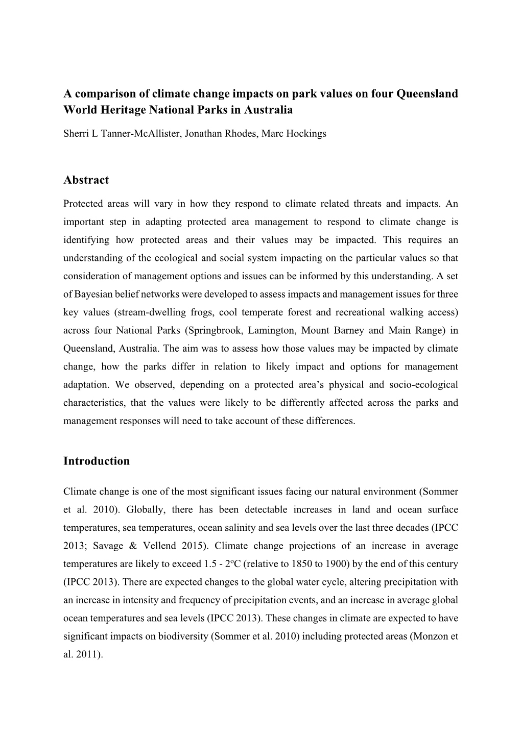 A Comparison of Climate Change Impacts on Park Values on Four Queensland World Heritage National Parks in Australia