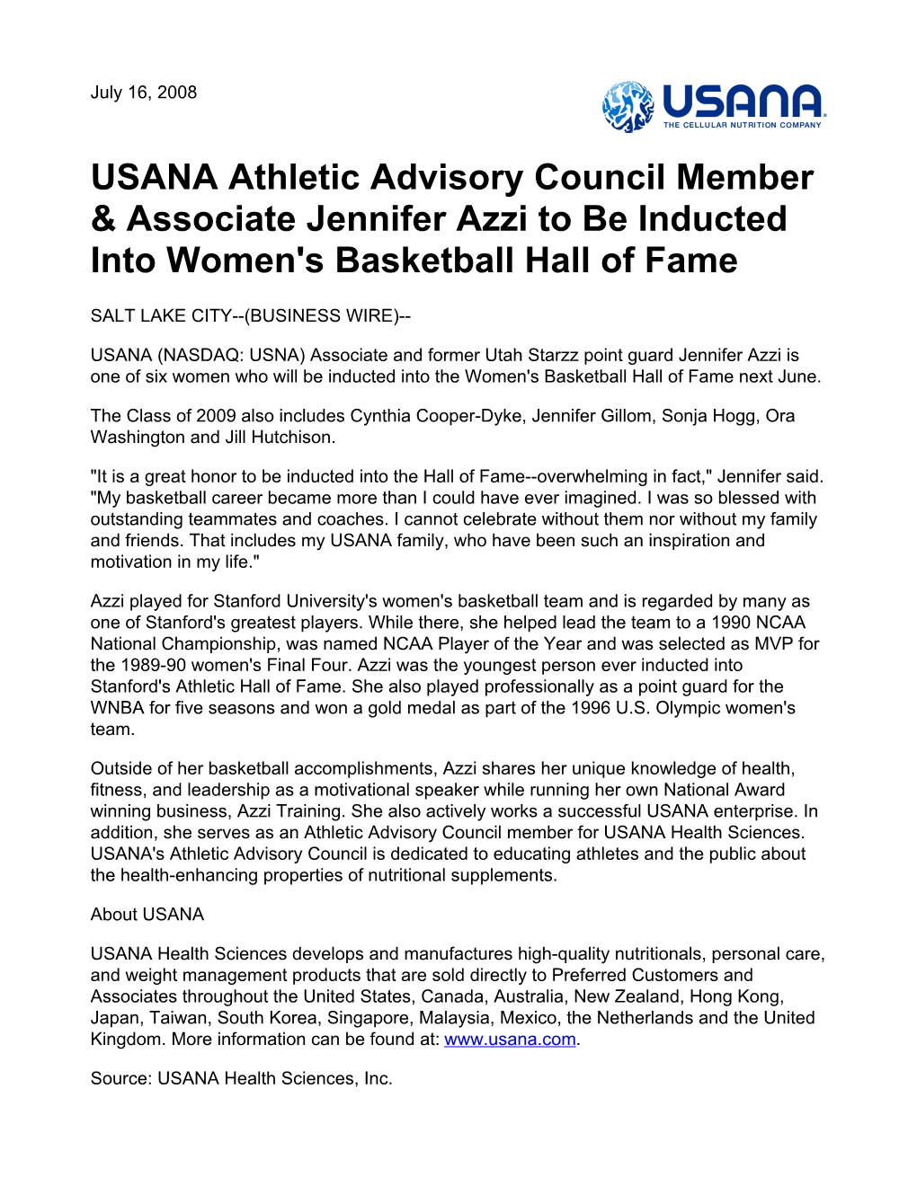 USANA Athletic Advisory Council Member & Associate Jennifer Azzi