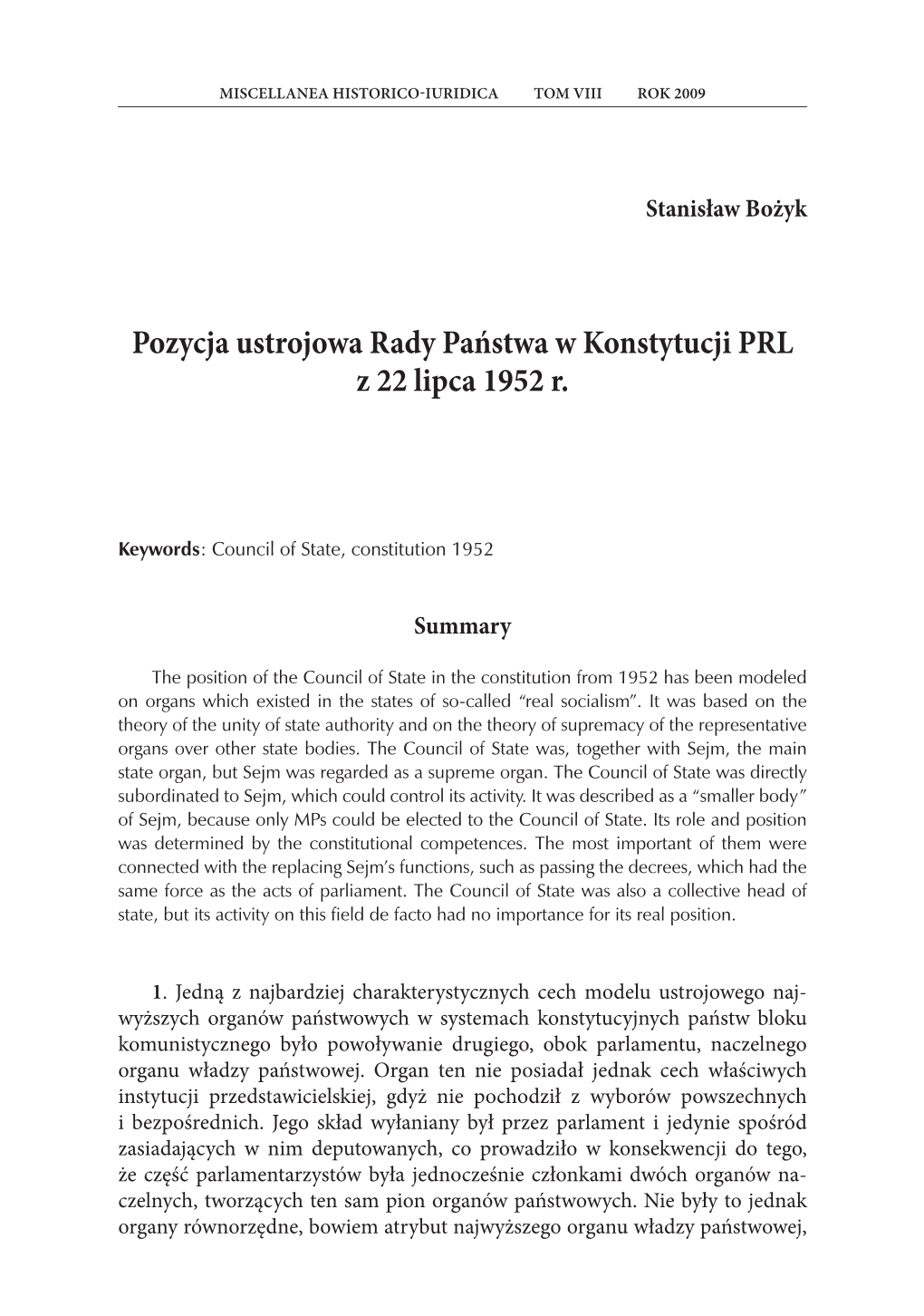 Pozycja Ustrojowa Rady Państwa W Konstytucji PRL Z 22 Lipca 1952 R